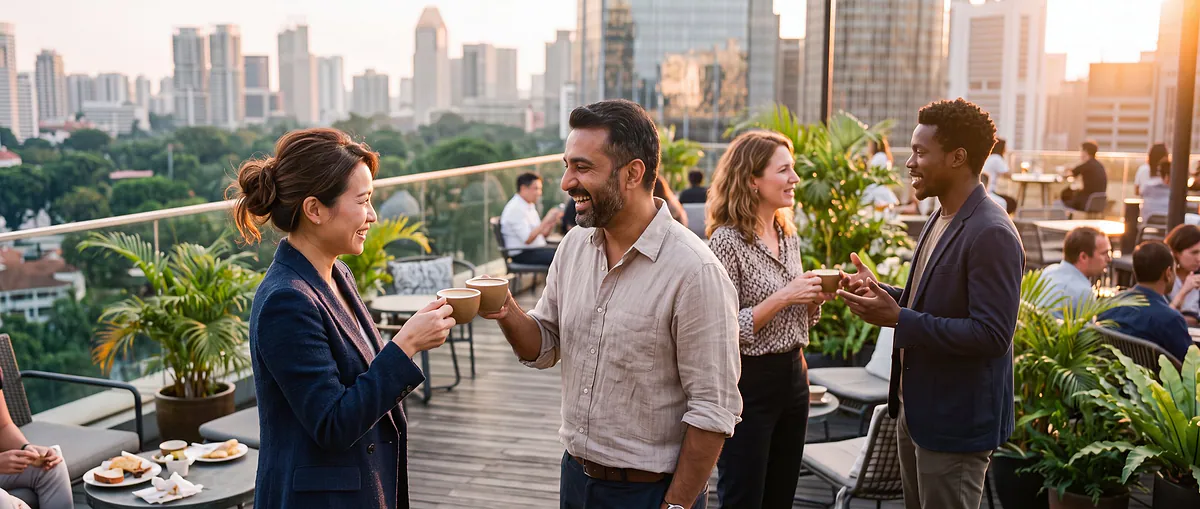 Two colleagues celebrating with coffee on a rooftop terrace