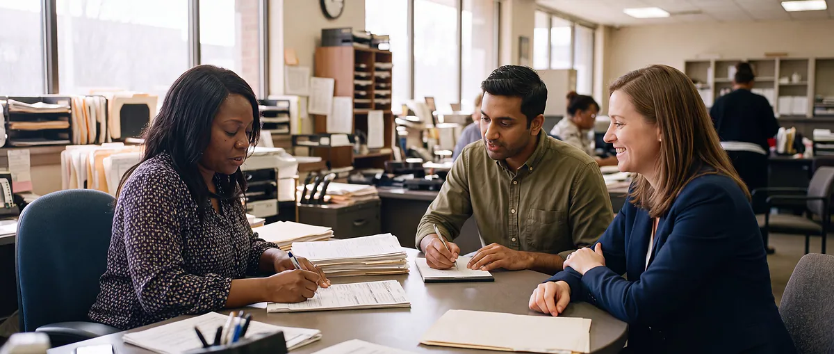 Two researchers sitting with a bank clerk at her desk, watching how she works