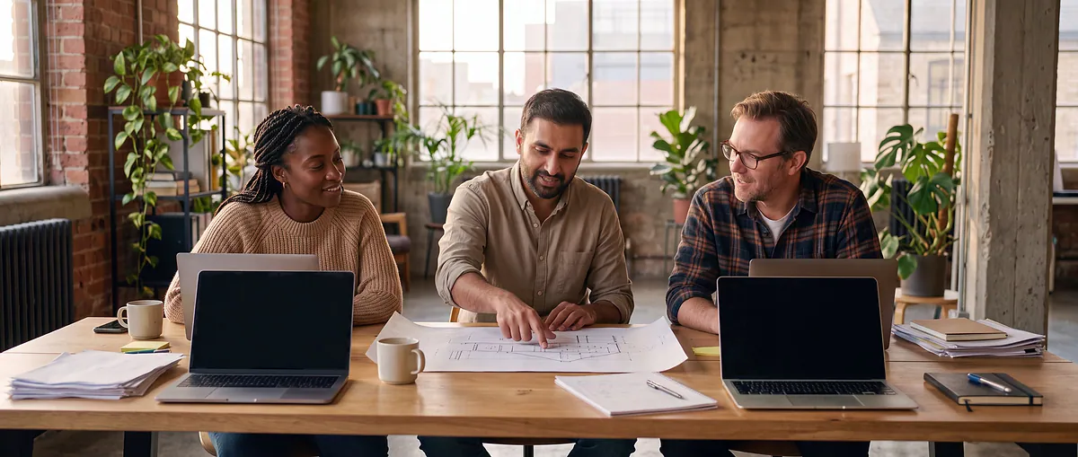 Three engineers sketching a data architecture on paper at a long desk