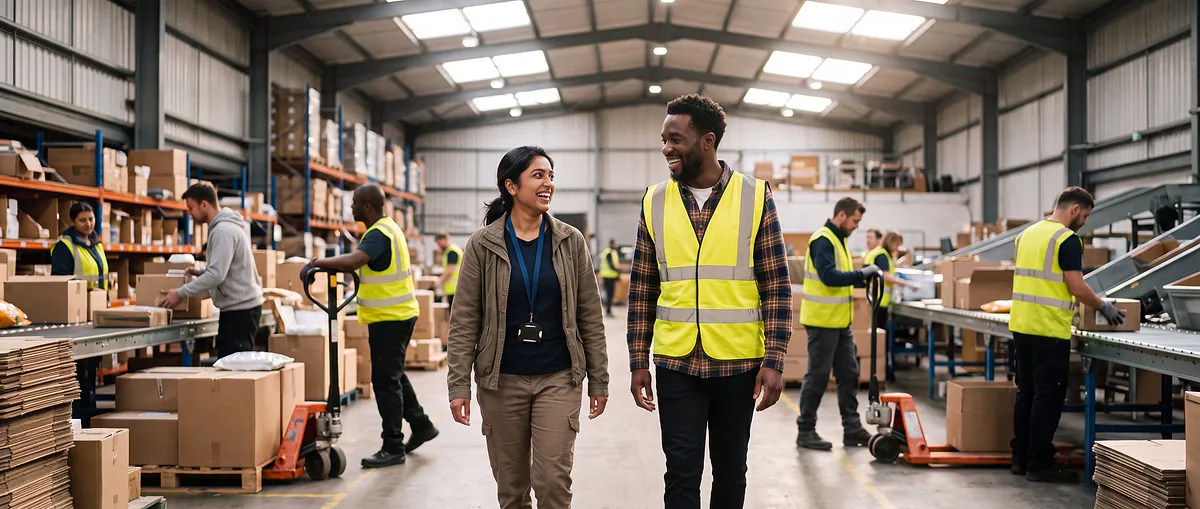 Two operations leads walking through a busy warehouse, staff at work behind them
