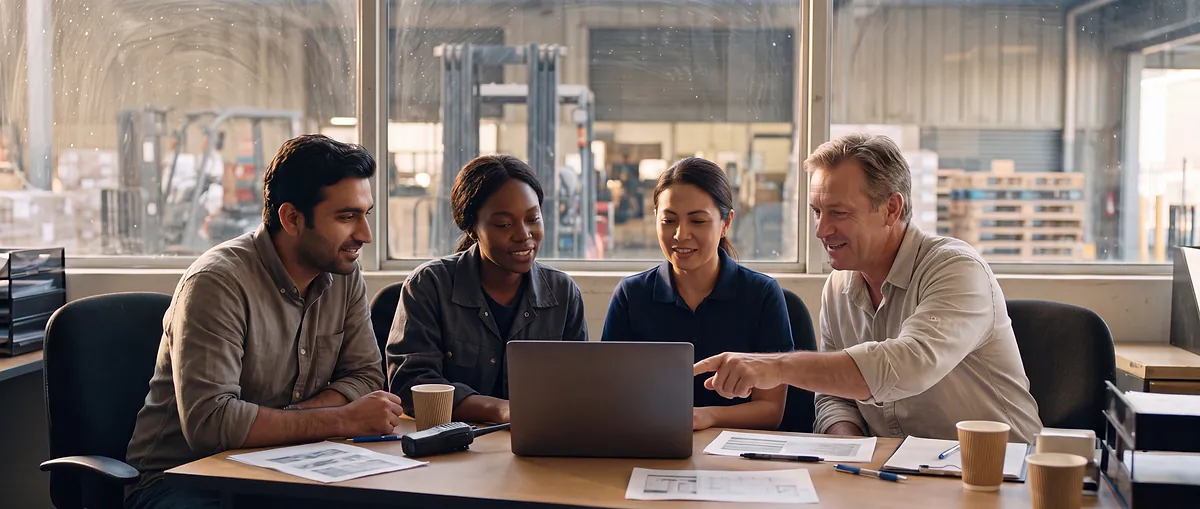 Engineers at the same desk as an operations team, working through a workflow together