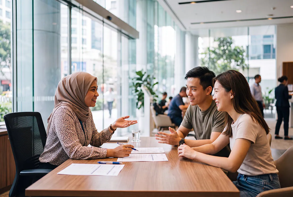 A relationship manager helping a young couple open an account in a bright bank branch