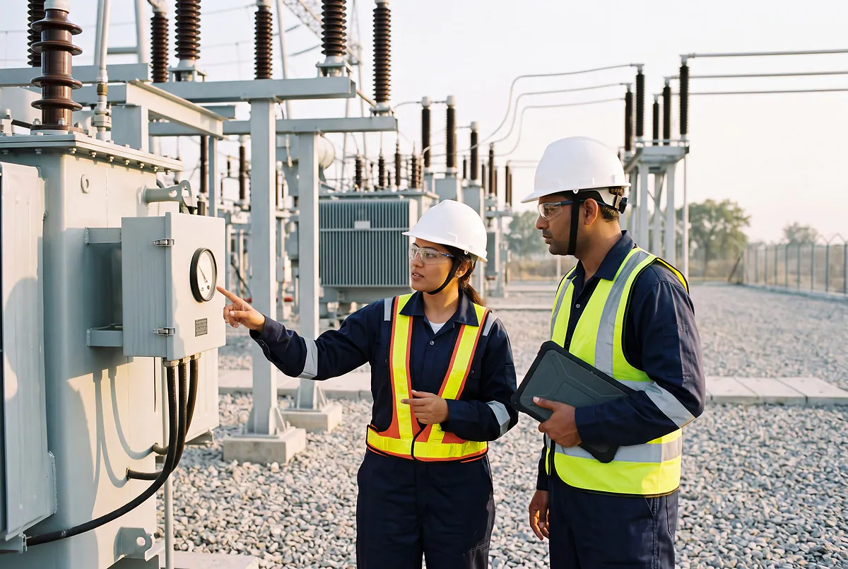 Two power engineers in clean safety gear inspecting a transformer at a substation