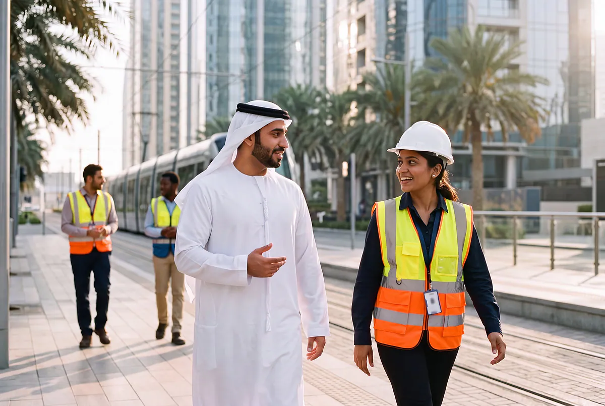 A city official and an engineer walking beside a tram line on a site visit