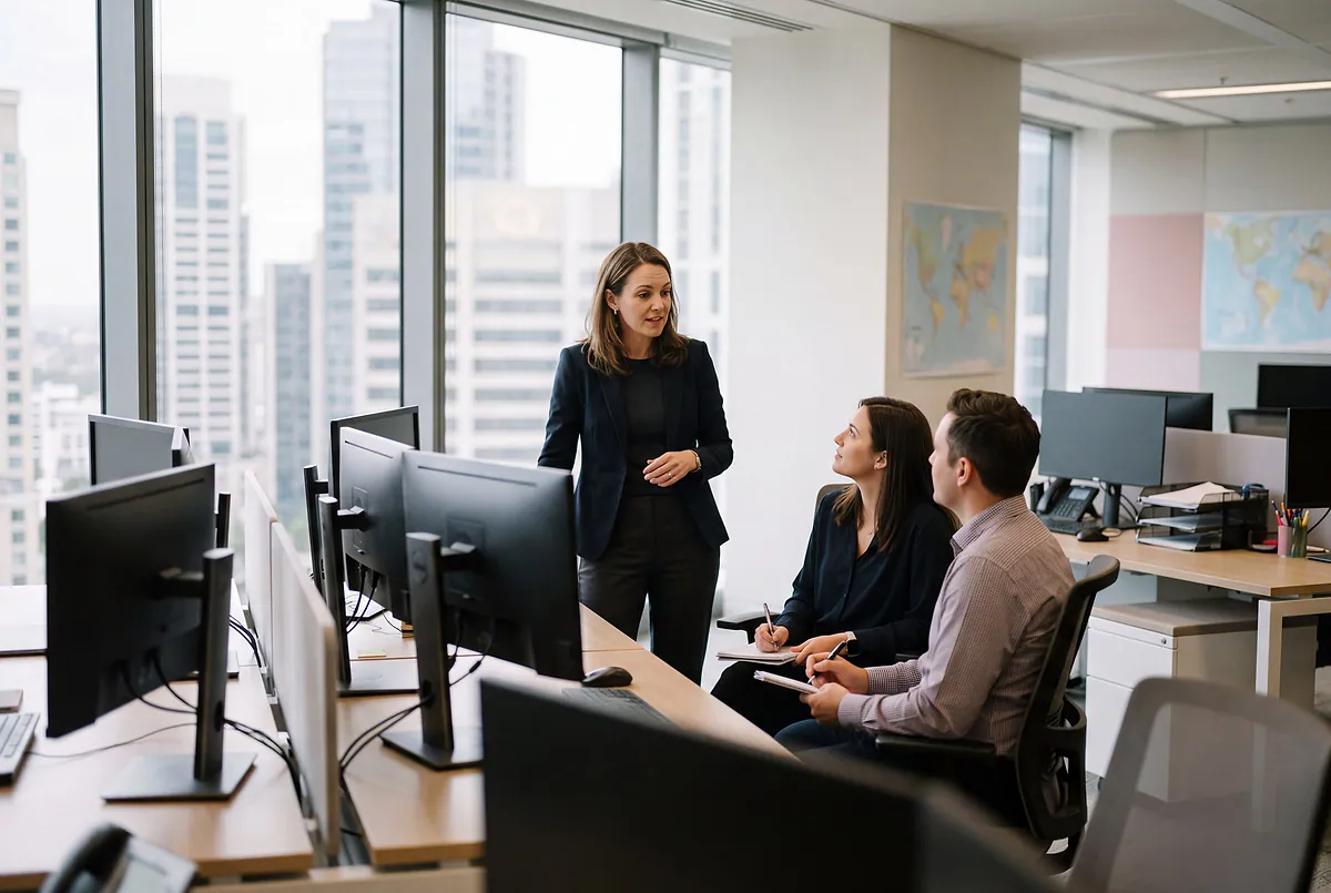 A team lead briefing two colleagues in the operations room of an advisory firm