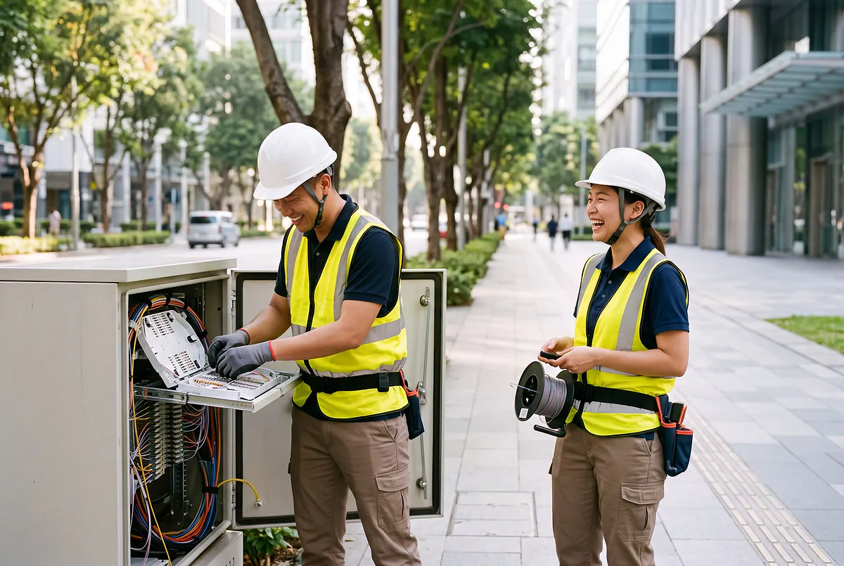 Two field engineers laughing as they work at an open fibre cabinet on a city street