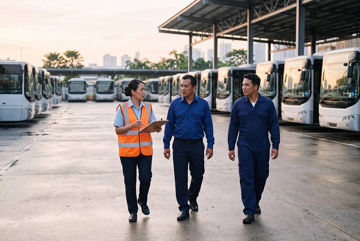 An operations supervisor walking with a driver and an engineer between buses at a depot at dawn
