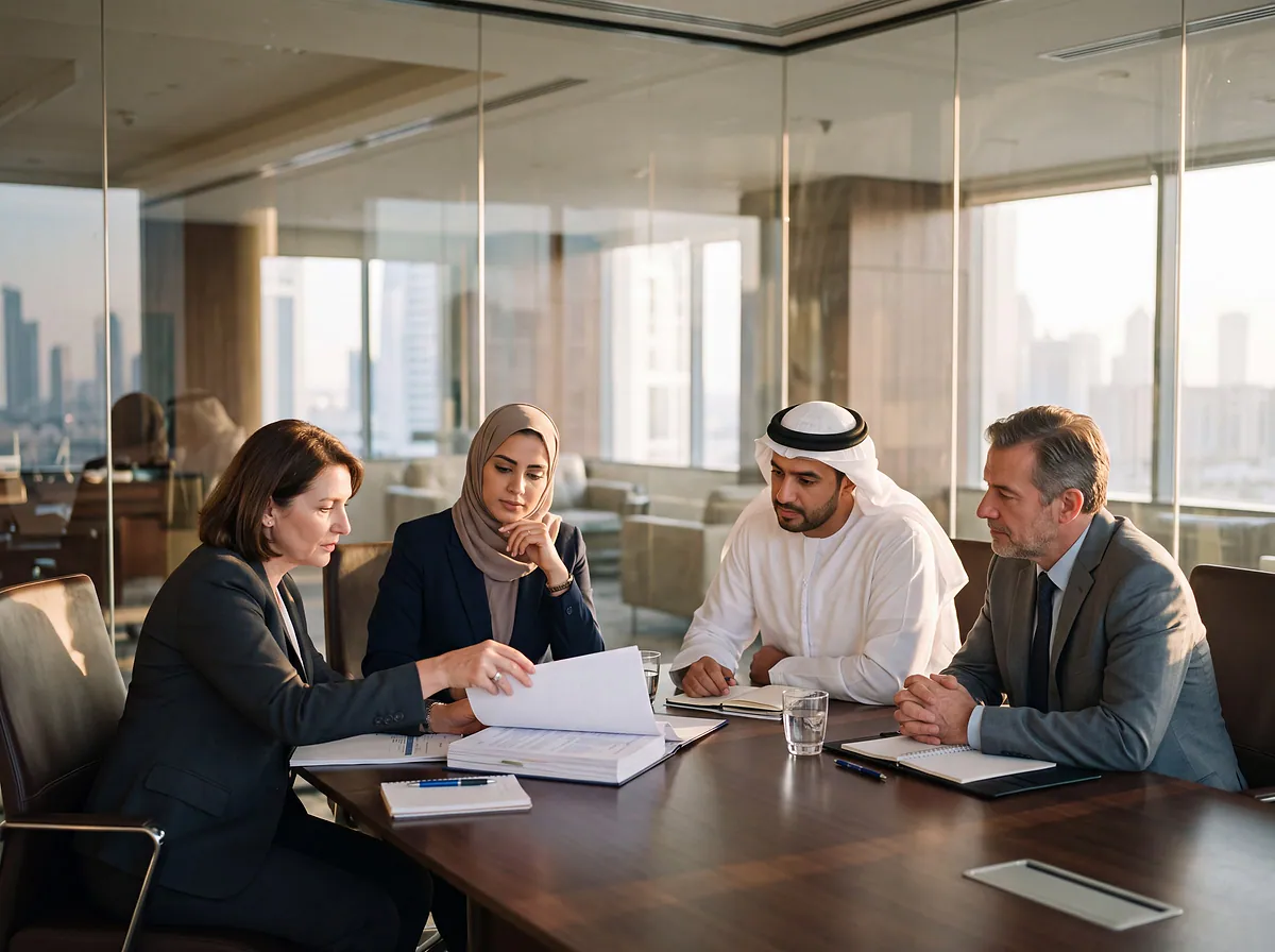 A review committee going through a bound approval file in a glass boardroom