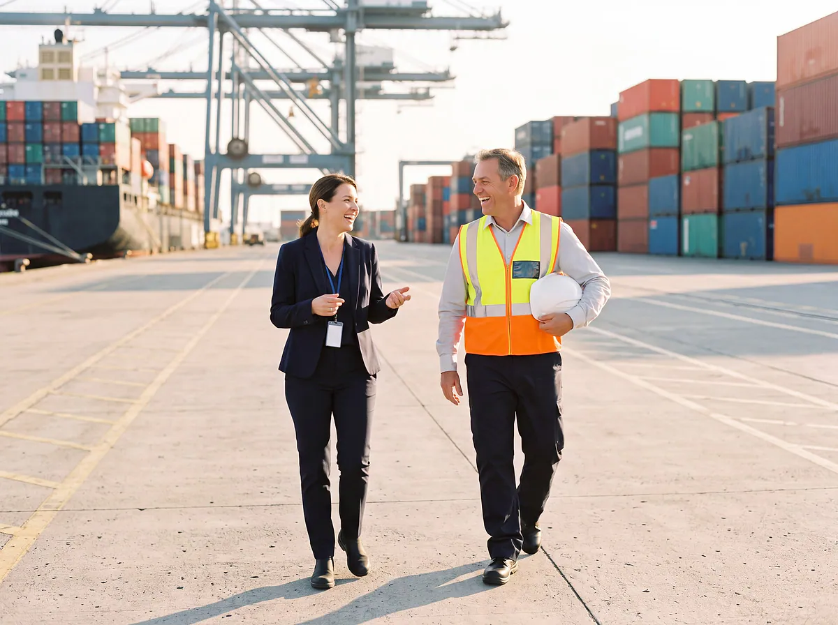 A strategist walking with an operations director along a container terminal quay