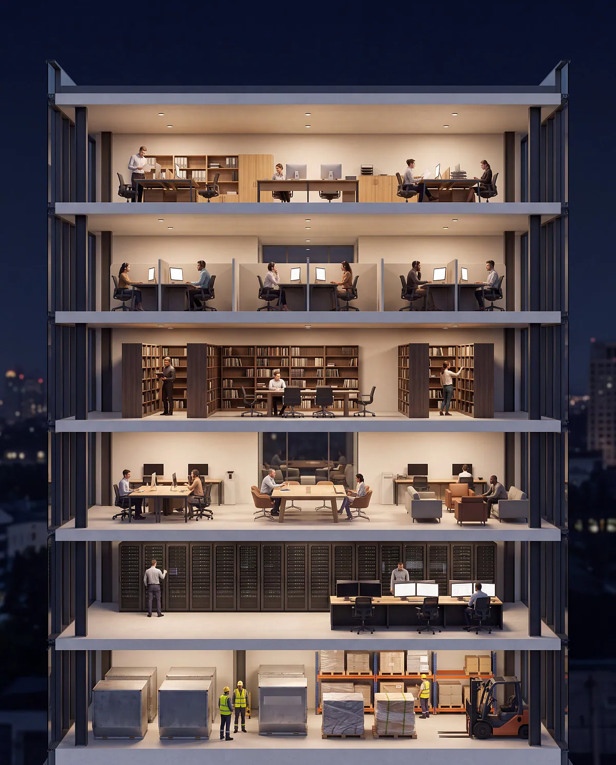 A cross-section of an enterprise building at night, every floor lit: finance offices, customer service, a compliance library, a research lounge, IT and data operations and an air-cargo hall