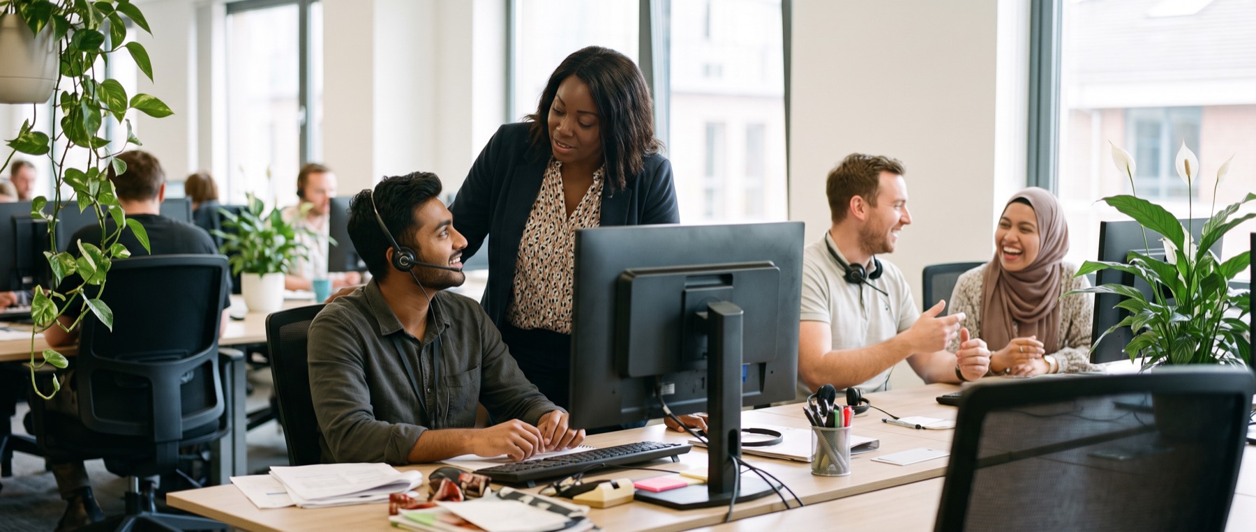 A supervisor chatting with agents on a lively contact-centre floor