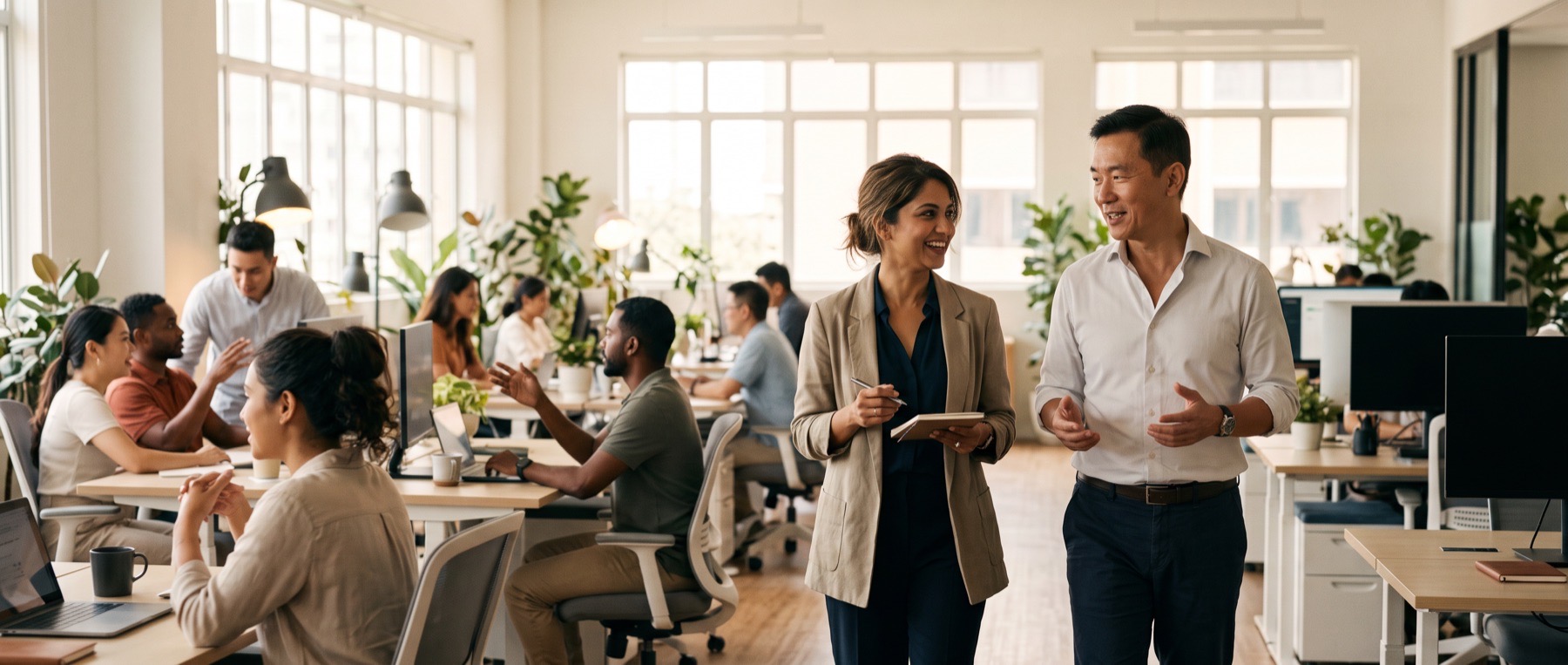 An Addo strategist and a client executive walking through a busy operations floor