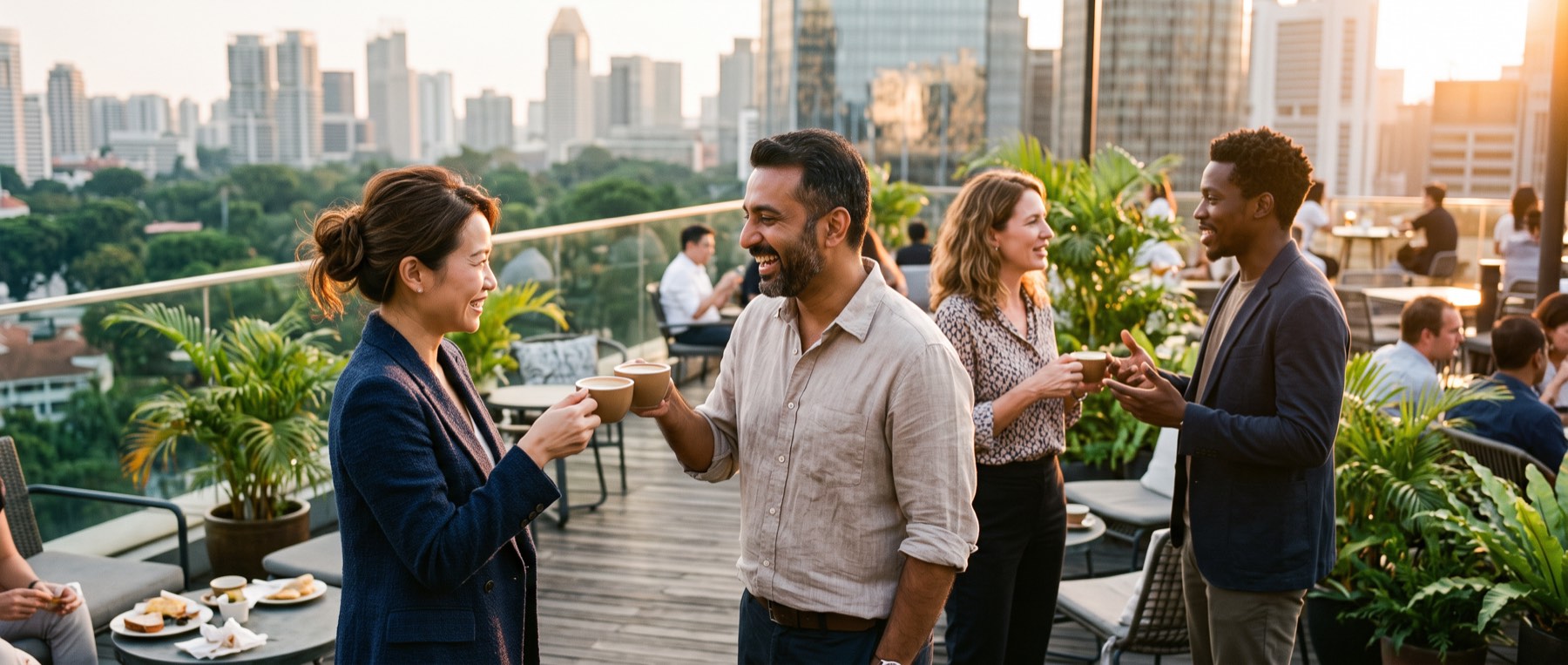 A client executive and an Addo consultant celebrating on a rooftop terrace in Singapore