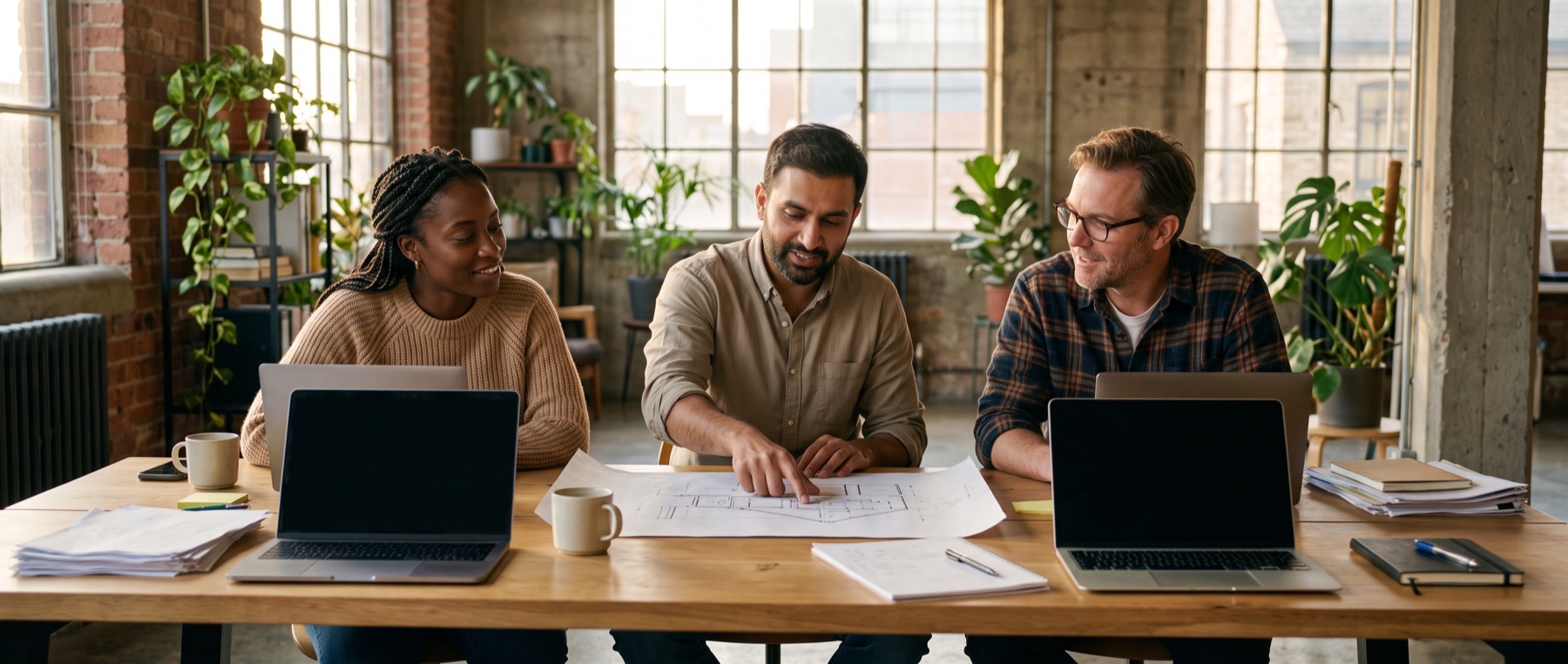 Three engineers sketching an architecture on paper at a long desk in a bright office