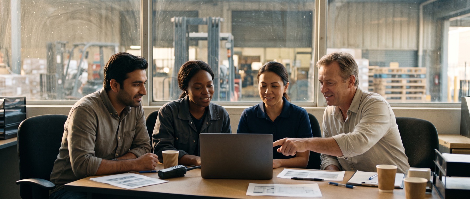 Addo engineers sitting at the same desk as a client's operations team, reviewing a workflow together