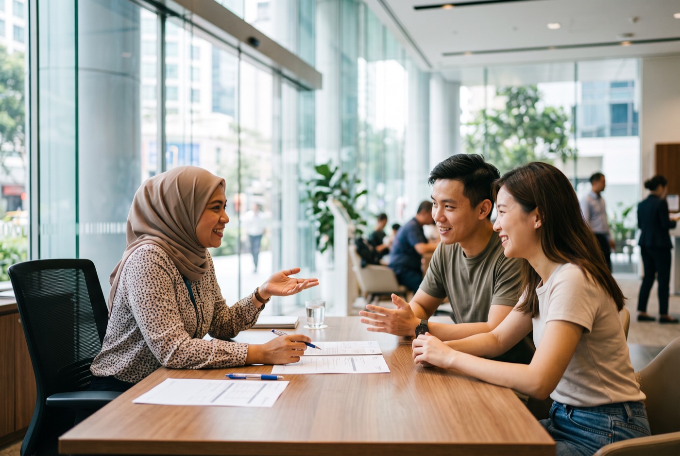 A relationship manager helping a young couple open an account in a bright bank branch