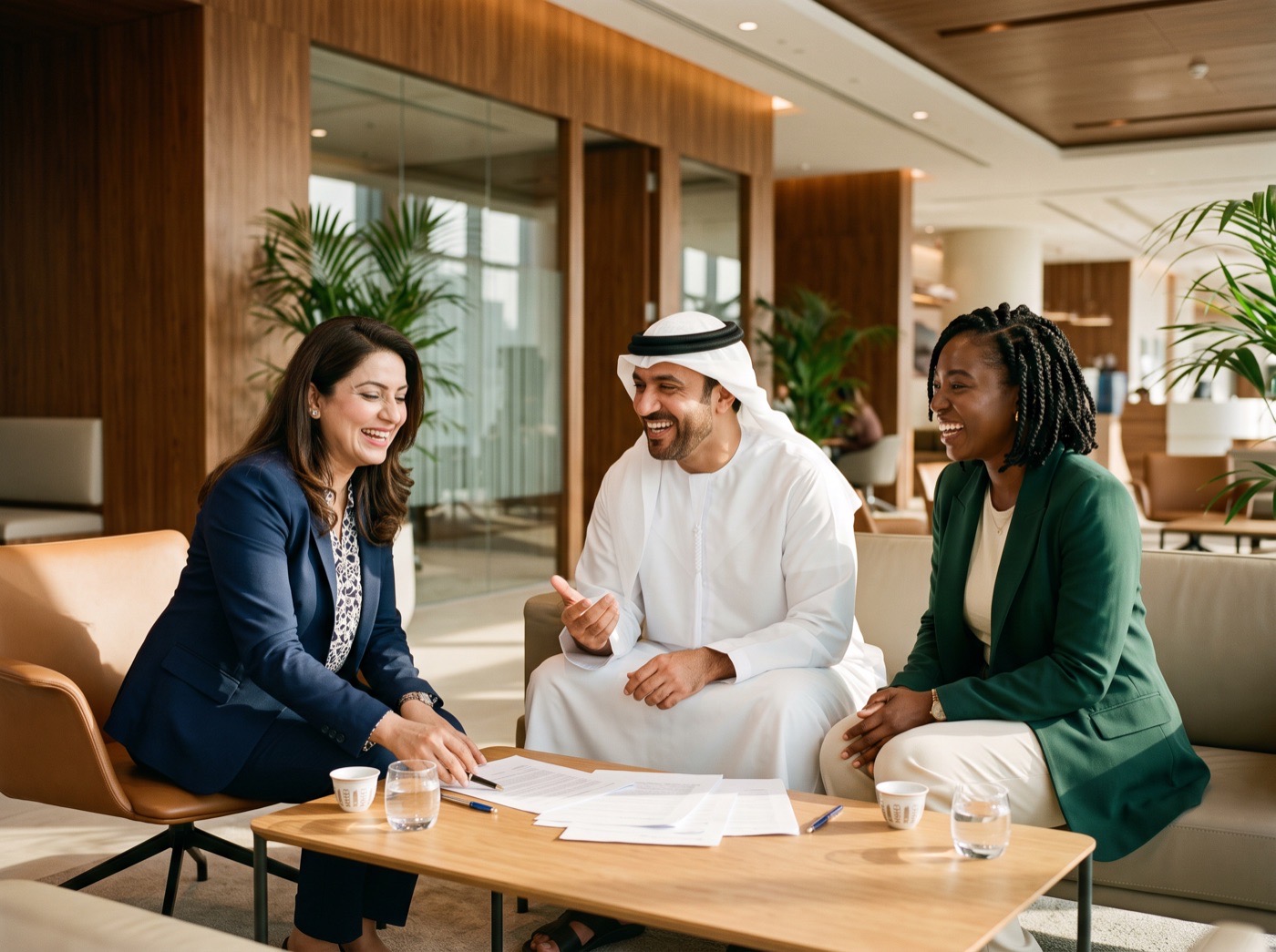 A relationship manager laughing with a client and a colleague in a bank lounge