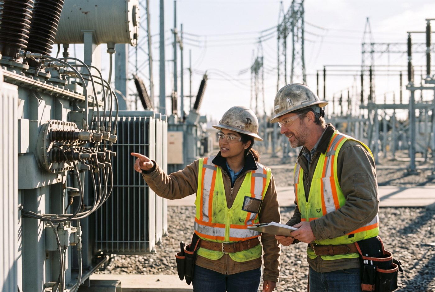 Two power engineers inspecting a transformer in a substation yard