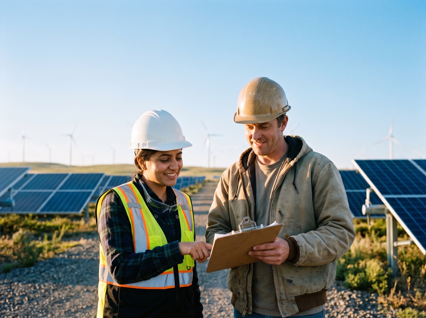 Two engineers reviewing a checklist at a solar farm with wind turbines behind them