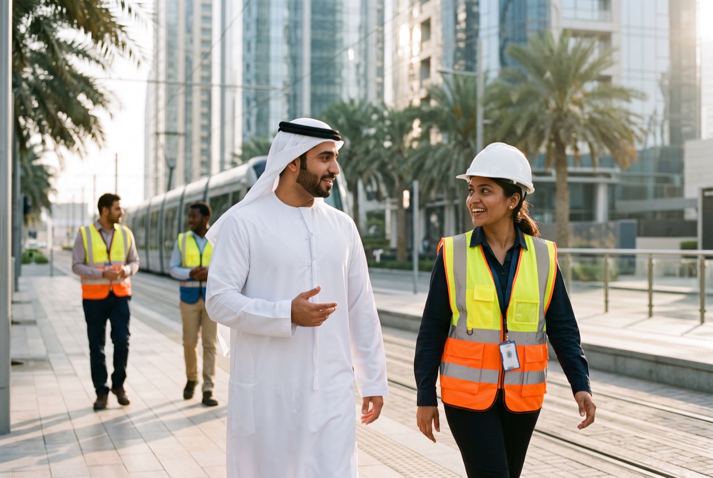 A city official and an engineer walking beside a tram line on a site visit