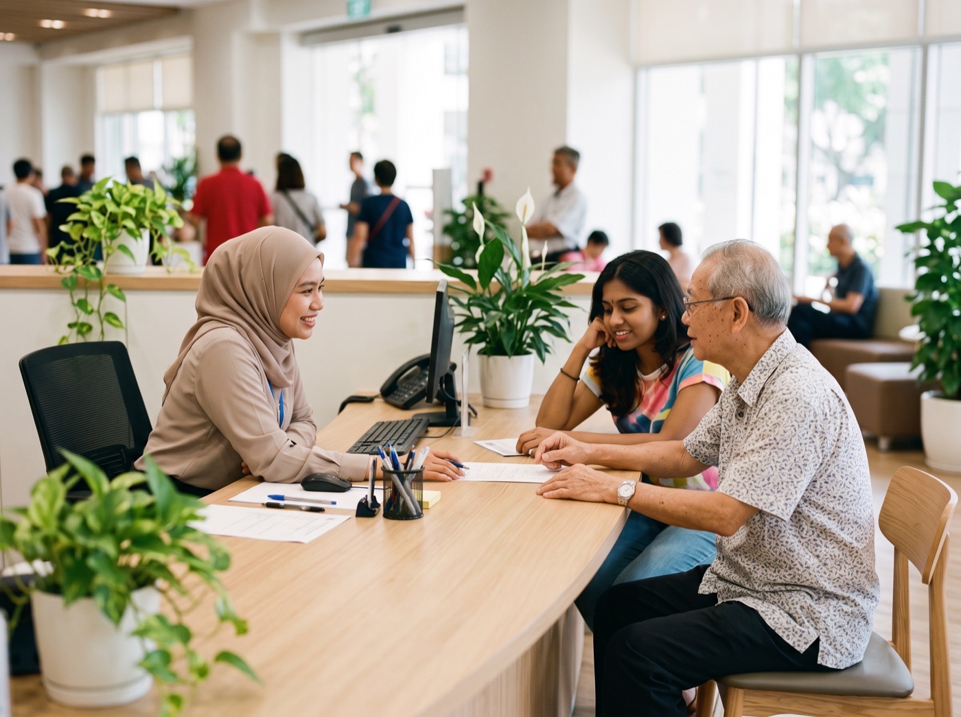 A public service officer helping two citizens at a bright counter