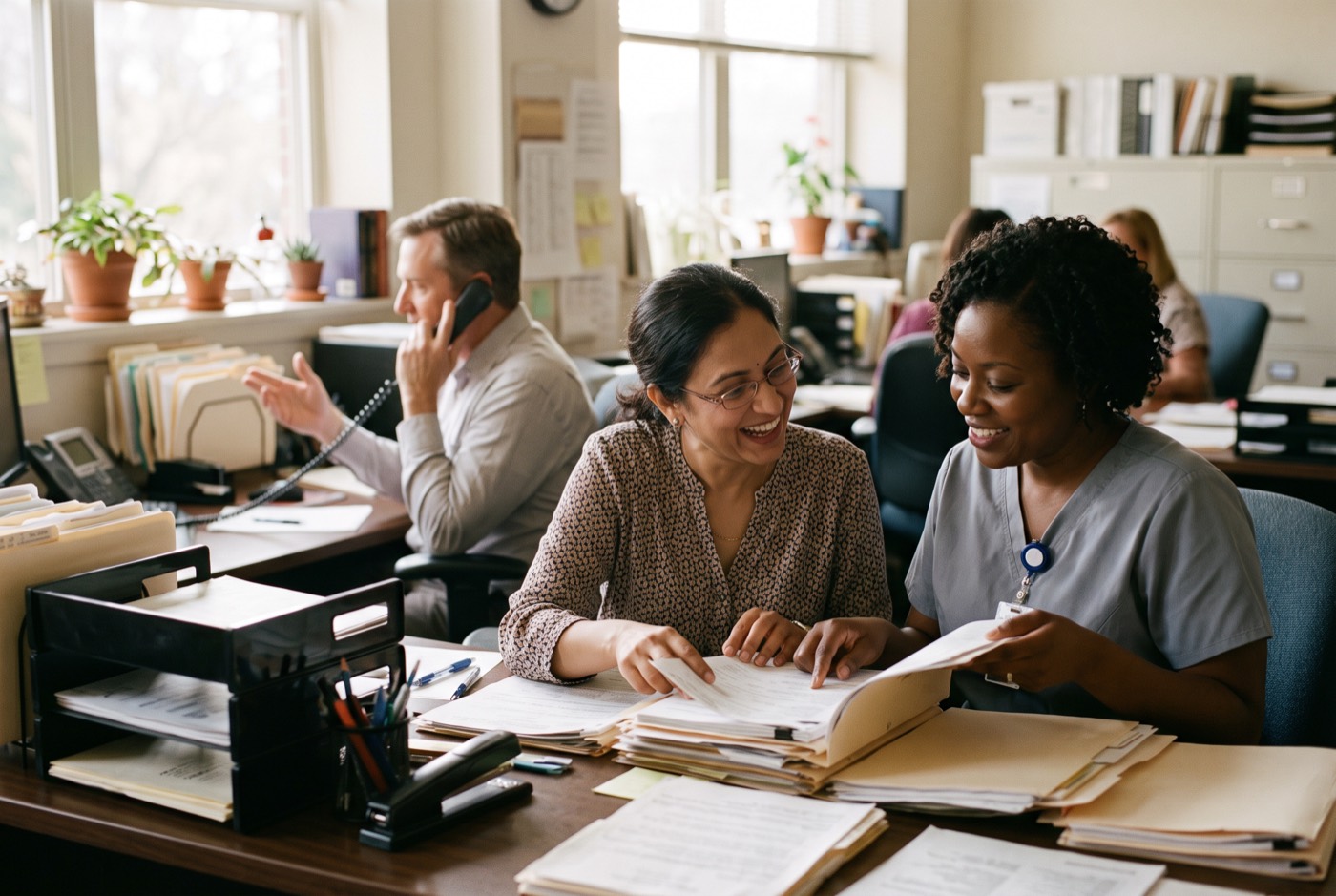 A claims administrator and a nurse manager going through patient files in a hospital back office