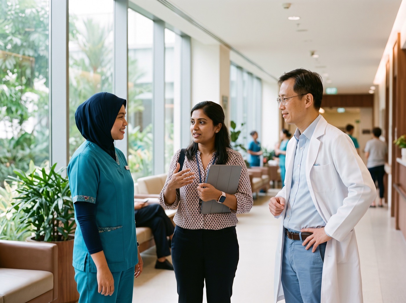 A nurse, a data analyst and a doctor talking in a bright hospital corridor