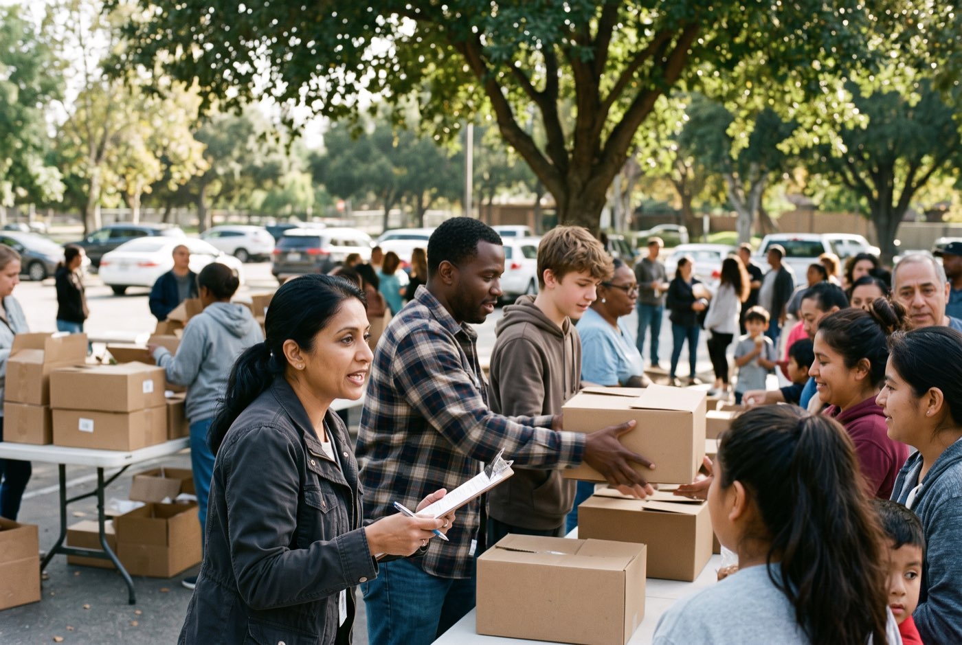 Volunteers handing out boxes to families at a community food distribution