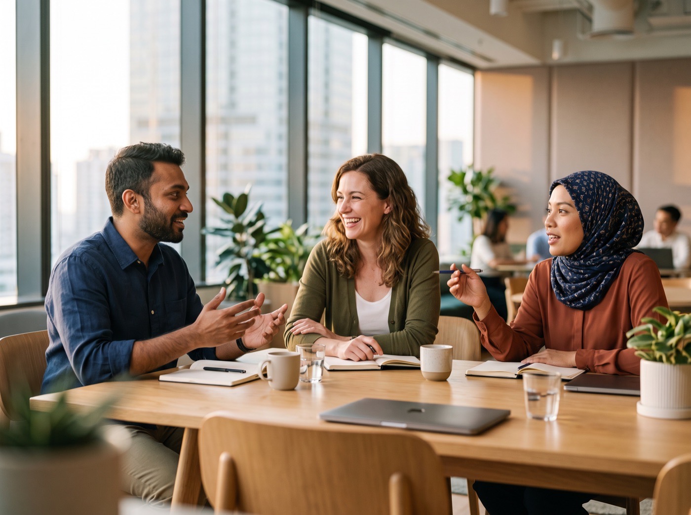 A diverse team of professionals talking around a bright meeting table