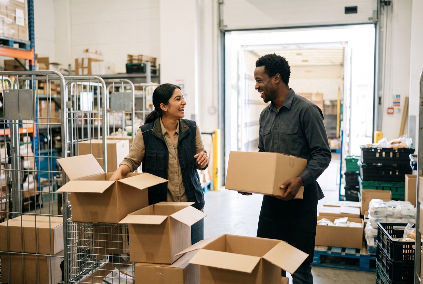 A store manager and a merchandiser unpacking a delivery in a bright stockroom