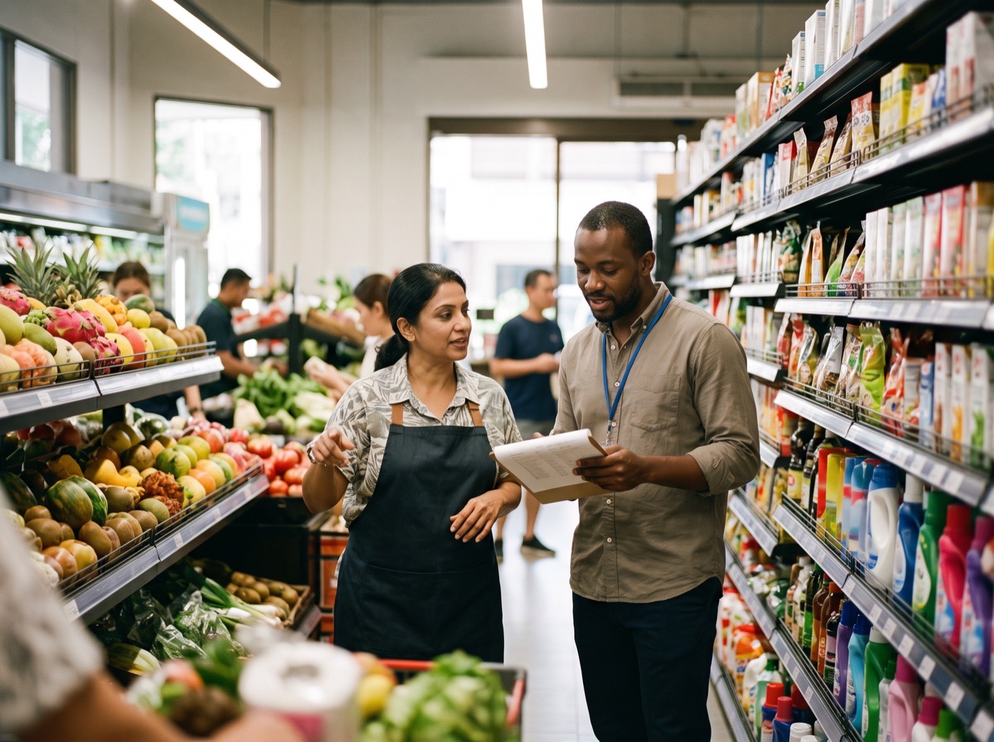 A store manager and an analyst checking stocked shelves in a bright supermarket