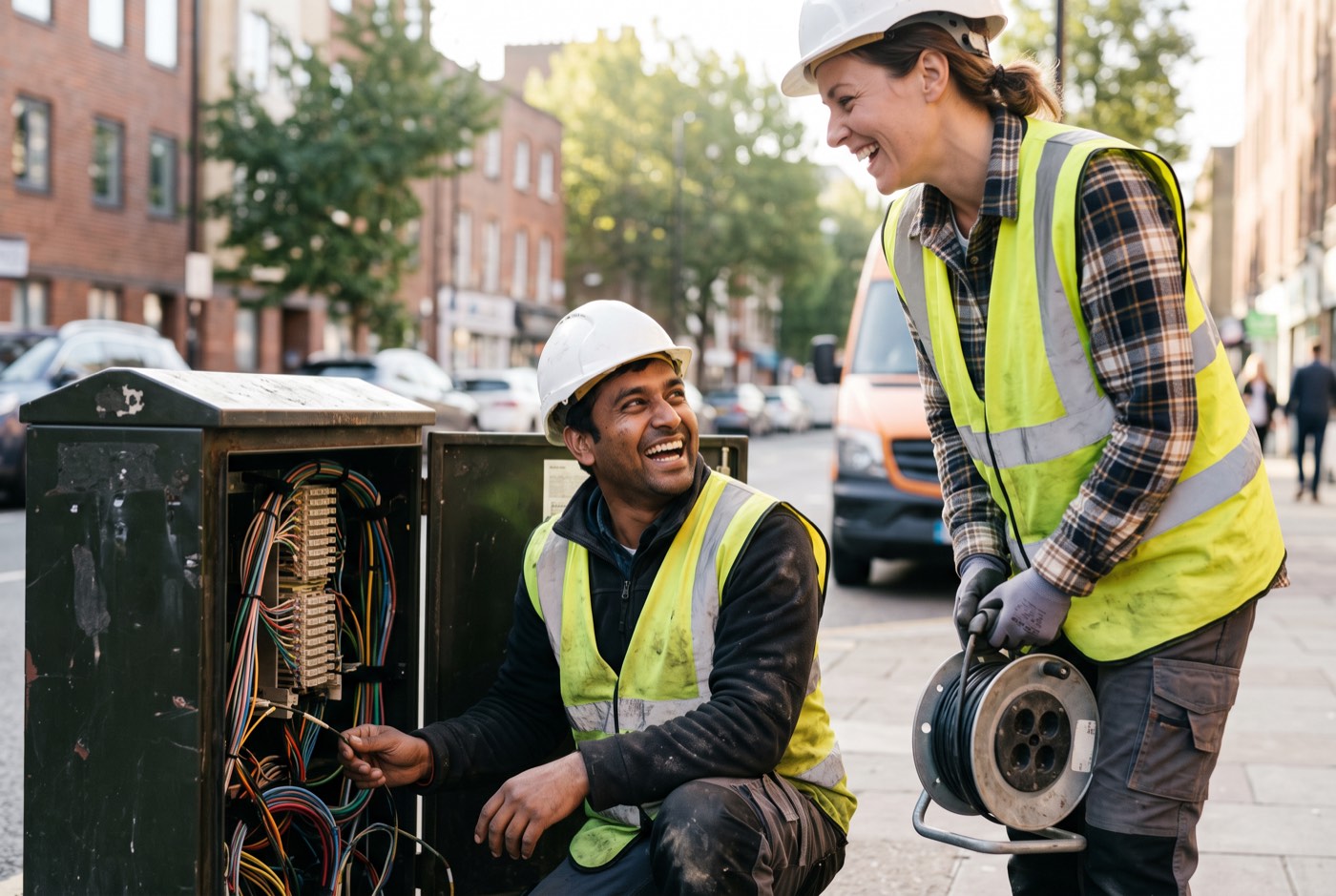 A field engineer at an open roadside fibre cabinet laughing with a colleague