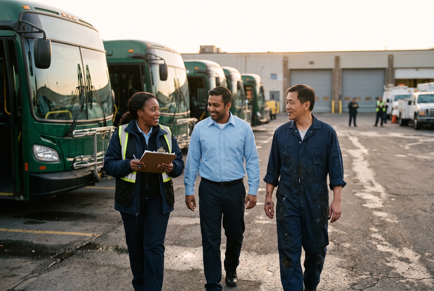 An operations supervisor walking with a driver and a mechanic between buses at a depot at dawn