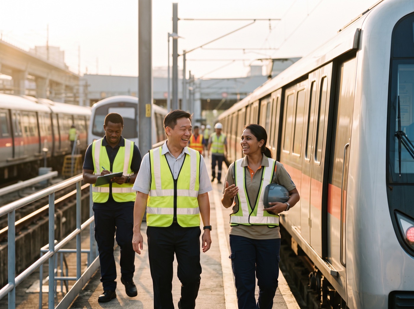 An operations manager and an engineer walking along a metro platform at sunrise